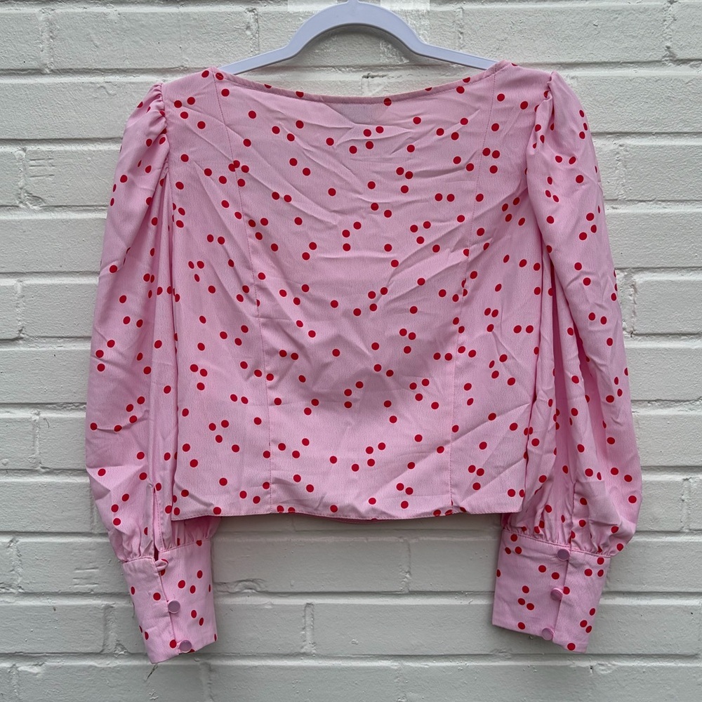 Miss Selfridge SQUARE NECK TOP WITH PUFF SLEEVES IN RED POLKA DOT-PINK, SZ 8 EUC - Picture 11 of 11